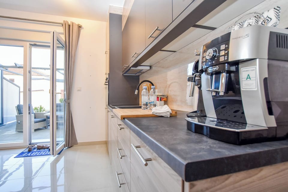 Apartment (A1) | Private kitchen | Fridge, microwave, oven, stovetop