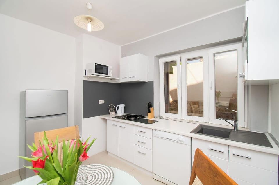 Apartment (A1) | Private kitchen | Fridge, microwave, stovetop, dishwasher