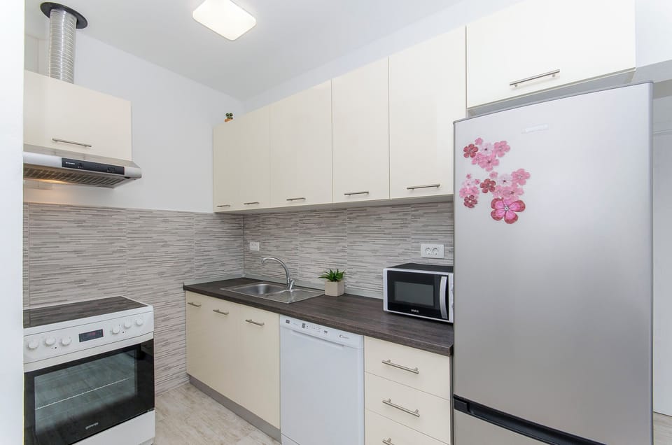 Apartment (A1) | Private kitchen | Fridge, microwave, oven, stovetop