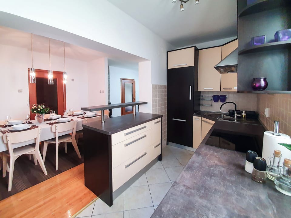 Apartment (A1) | Private kitchen | Fridge, microwave, oven, stovetop