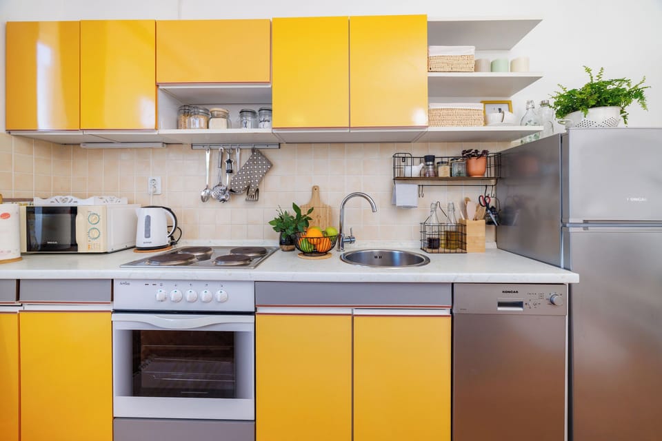 Apartment (A1) | Private kitchen | Fridge, microwave, oven, stovetop