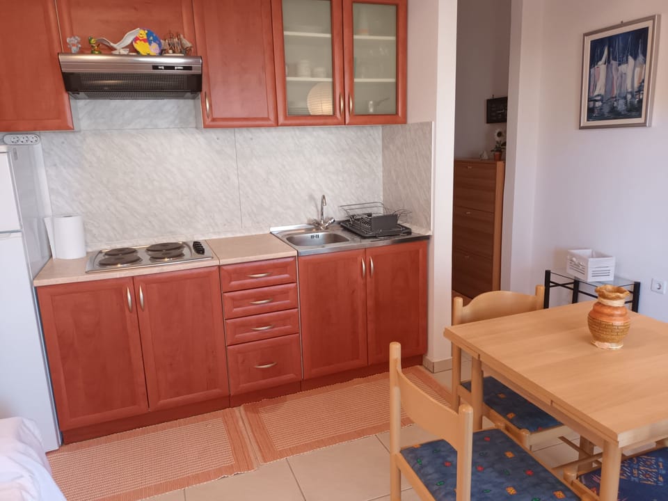 Apartment (A1) | Private kitchen | Fridge, stovetop, cookware/dishes/utensils