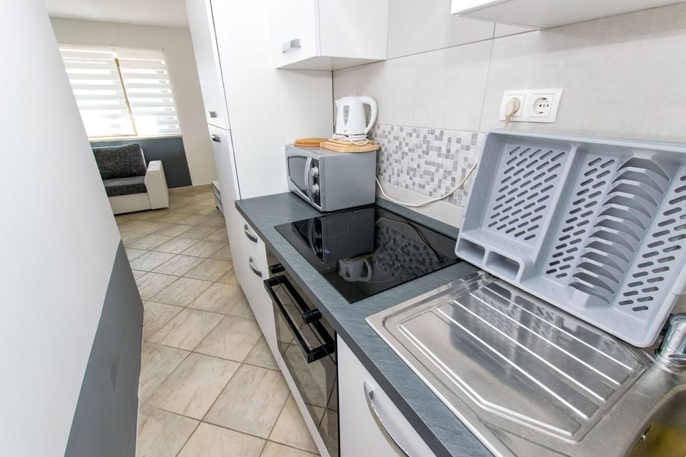 Apartment (A1) | Private kitchen | Fridge, microwave, oven, stovetop