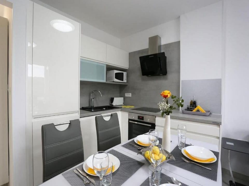 Apartment (A1) | Private kitchen | Fridge, microwave, oven, stovetop