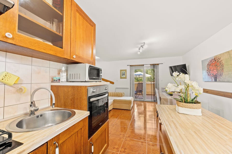 Apartment (A1) | Private kitchen | Fridge, microwave, stovetop, dishwasher