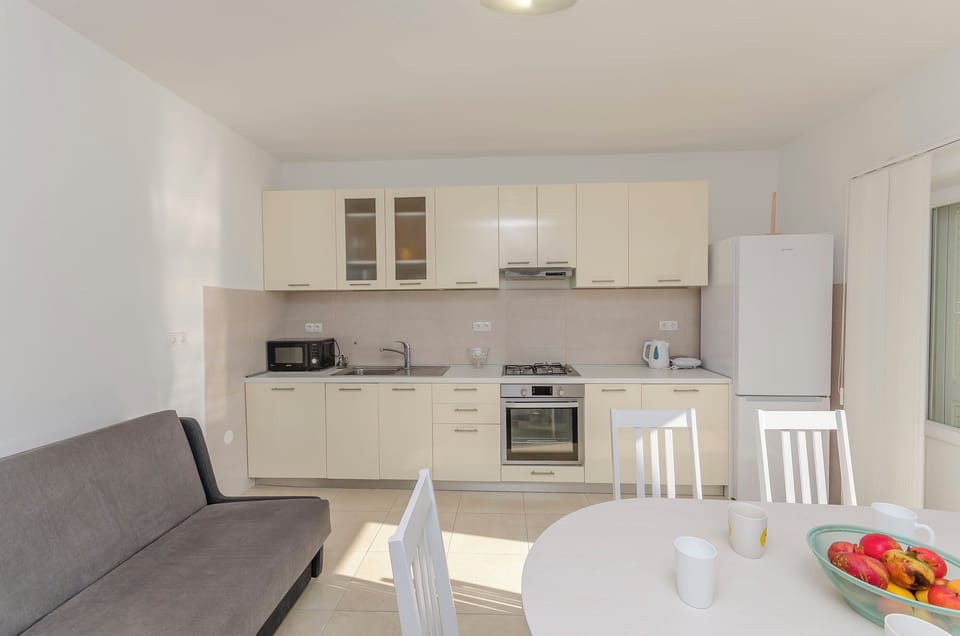 Apartment (A1) | Private kitchen | Fridge, microwave, oven, stovetop