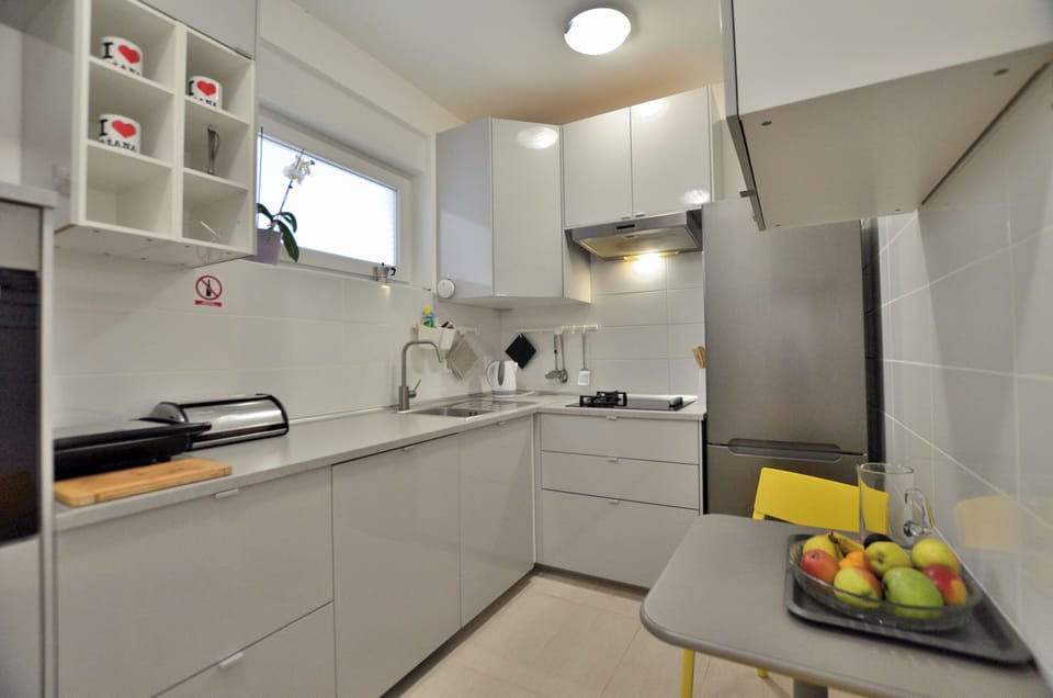 Apartment (A1) | Private kitchen | Fridge, microwave, oven, stovetop