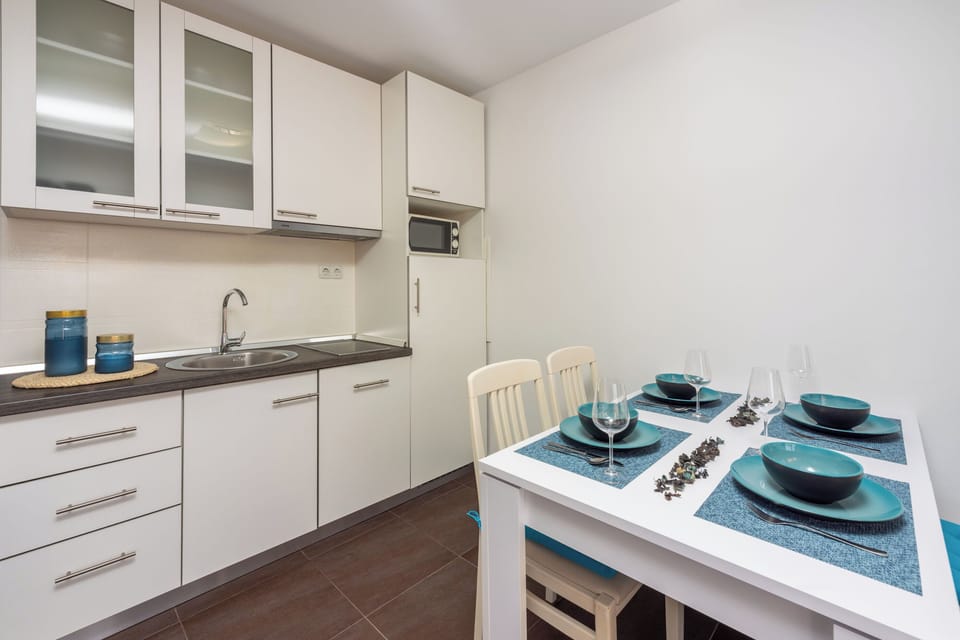 Apartment (A1) | Private kitchen | Fridge, microwave, stovetop, dishwasher