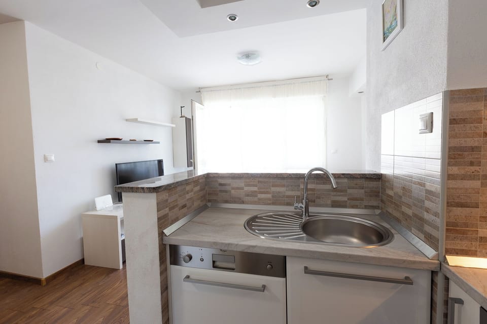 Apartment (A1) | Private kitchen | Fridge, microwave, oven, stovetop