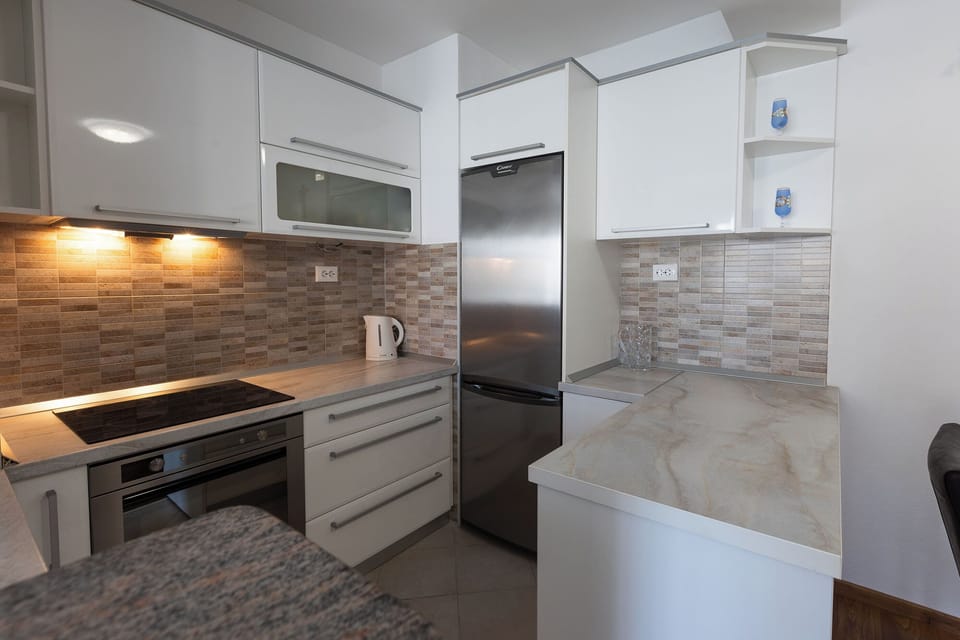Apartment (A1) | Private kitchen | Fridge, microwave, oven, stovetop