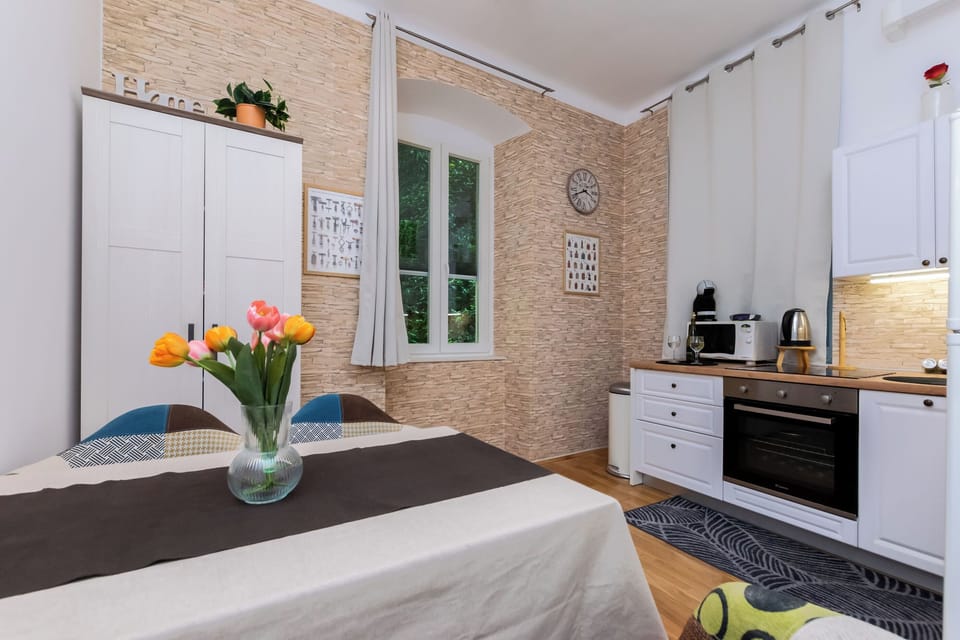 Apartment (A1) | Private kitchen | Fridge, microwave, oven, stovetop