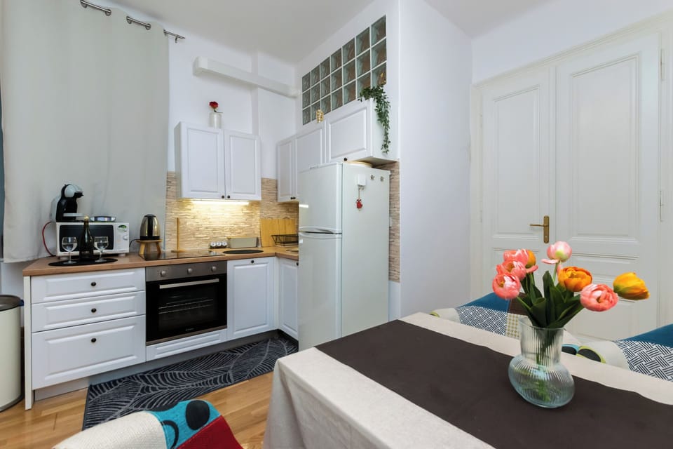 Apartment (A1) | Private kitchen | Fridge, microwave, oven, stovetop