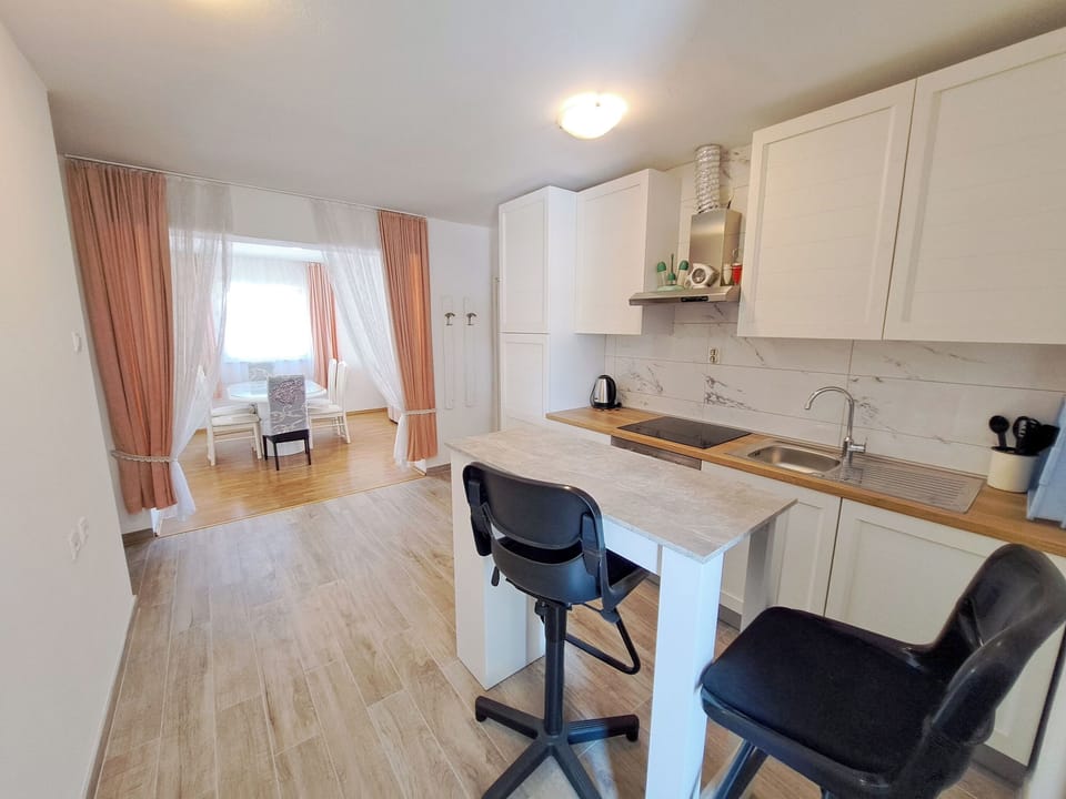 Apartment (A1) | Private kitchen | Fridge, microwave, oven, stovetop