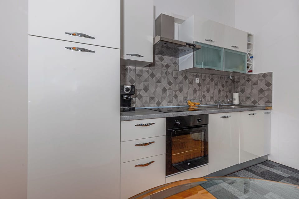 Apartment (A1) | Private kitchen | Fridge, microwave, oven, stovetop