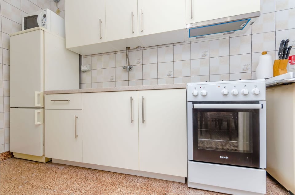 Apartment (A1) | Private kitchen | Fridge, microwave, oven, stovetop