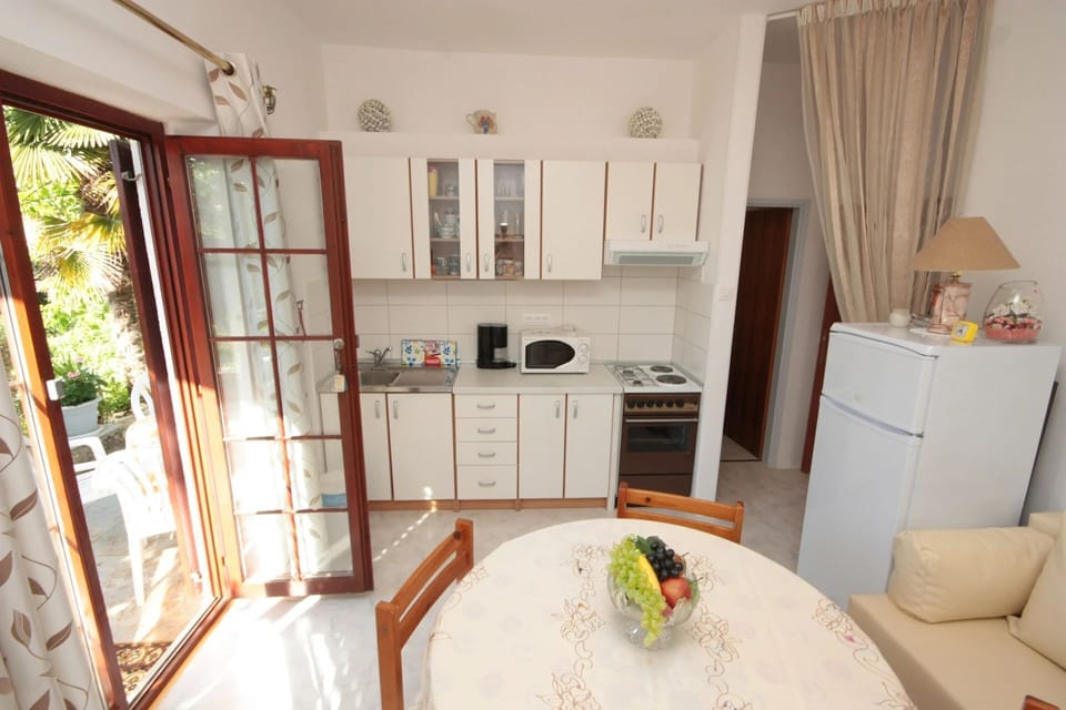 Apartment (A1) | Private kitchen | Fridge, microwave, oven, stovetop