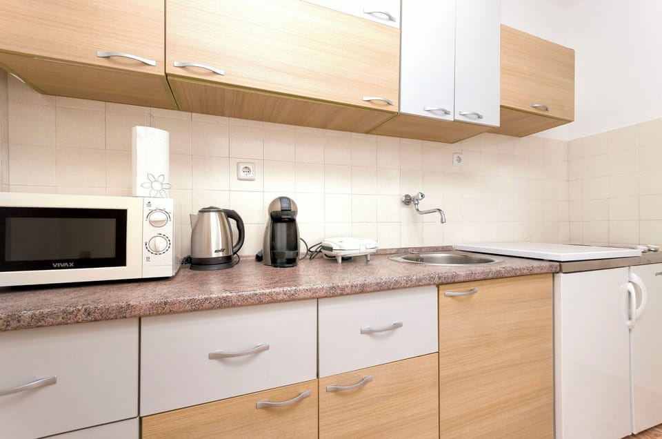 Apartment (A1) | Private kitchen | Fridge, microwave, oven, stovetop