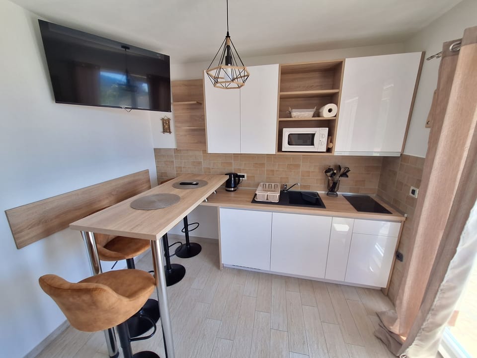 Apartment (A1) | Private kitchen | Fridge, microwave, stovetop, espresso maker