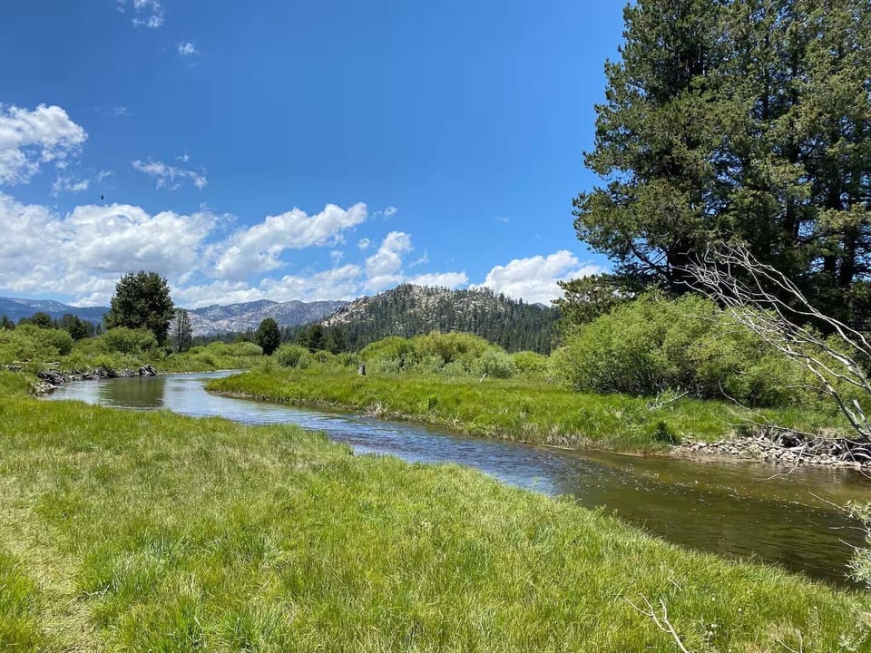 Area photo - Nearby peaceful creek winds through lush meadows beneath towering mountains under brilliant blue skies.