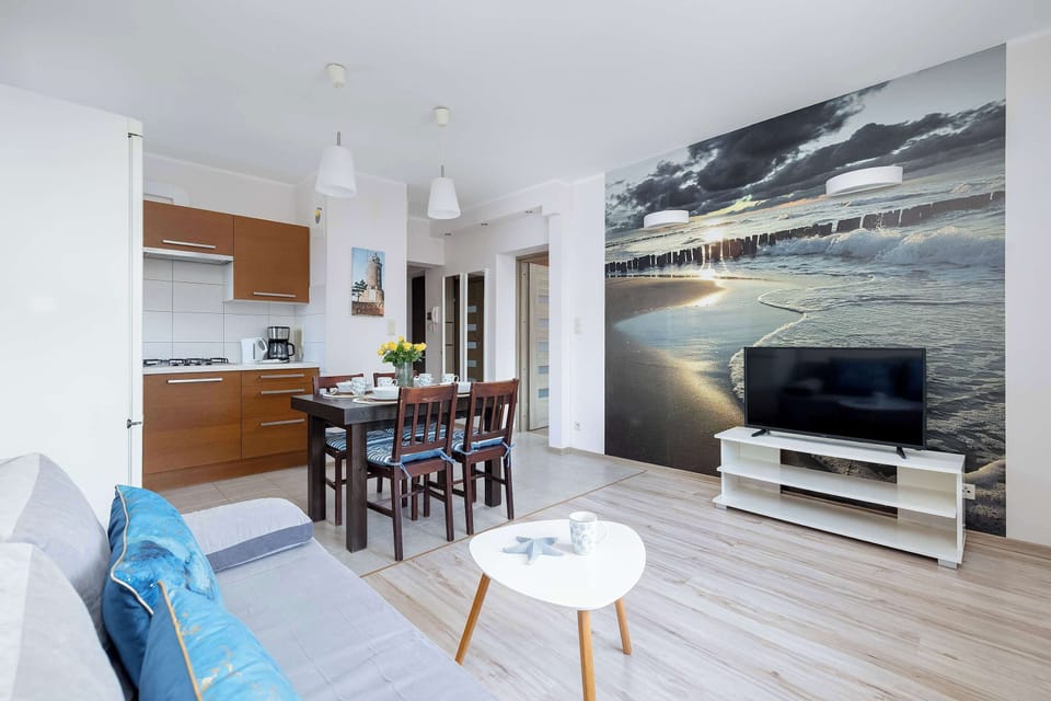 The living area features a sleek coffee table and a flat-screen television.