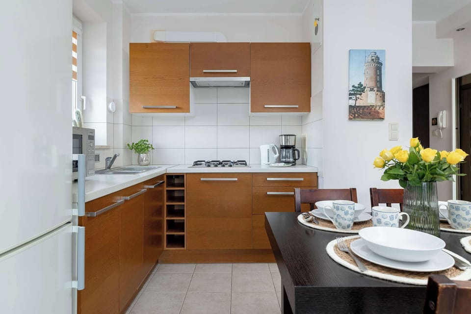 The kitchenette's practical layout maximizes space and functionality.