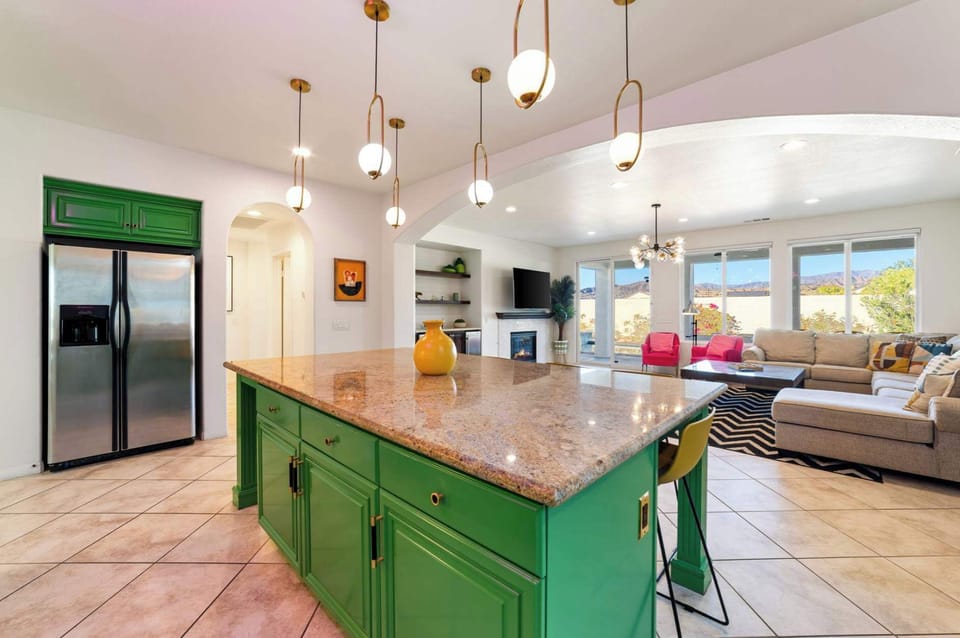 Chef’s kitchen with large island and seating