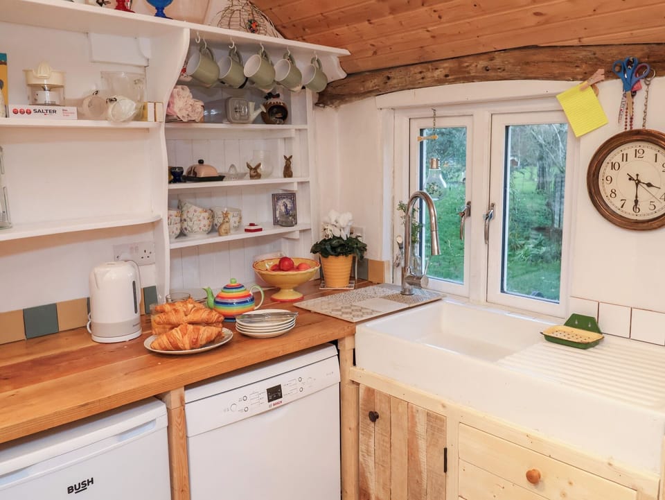 Fridge, microwave, dishwasher, cookware/dishes/utensils