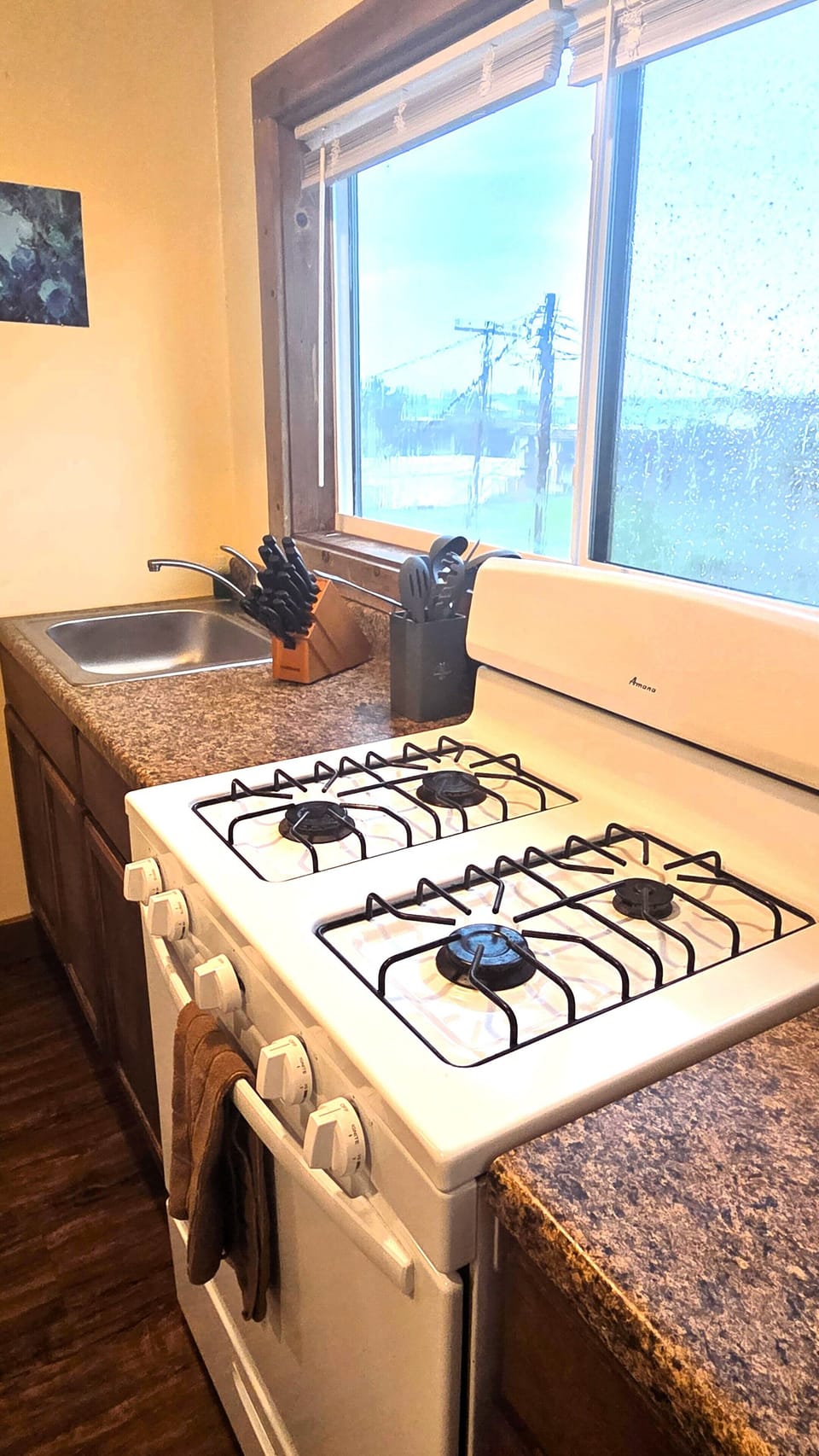The studio has a full kitchen with a gas stove, refrigerator, and a microwave.
