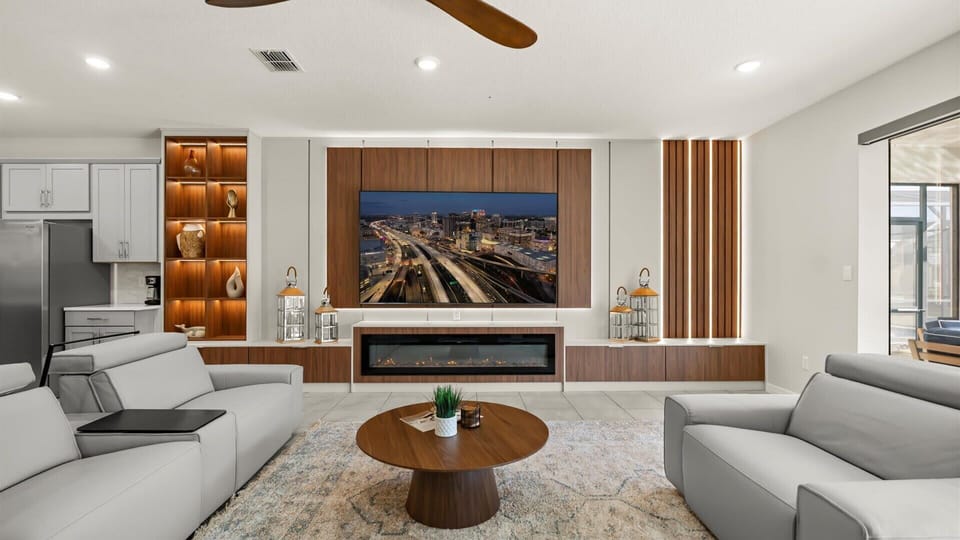 Spacious lounge with stylish design and cozy vibe, perfect for movie nights and family time