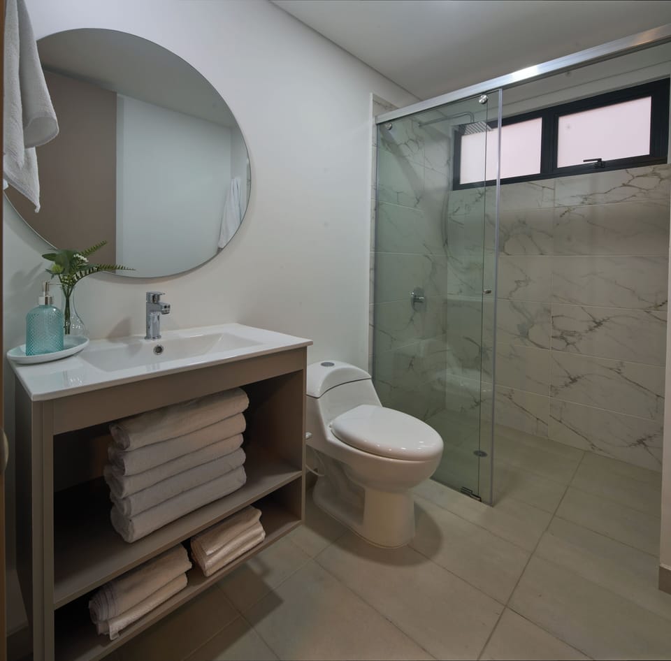 Comfort Apartment, City View | Bathroom | Shower, towels, soap, shampoo