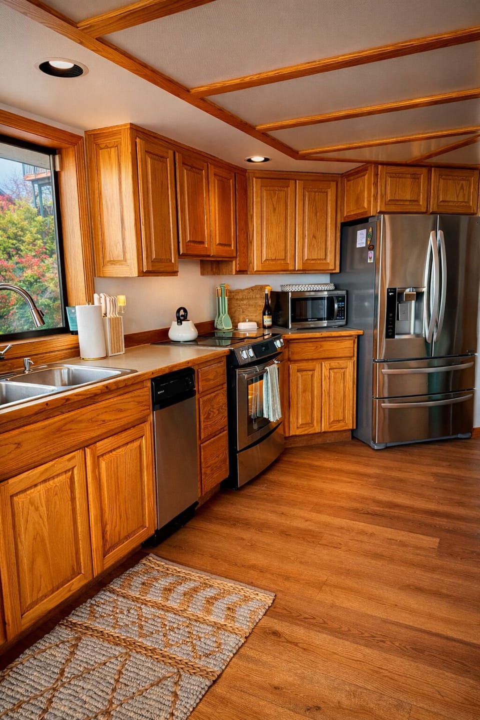 Fully stocked kitchen with stainless steel appliances and plenty of space for pr