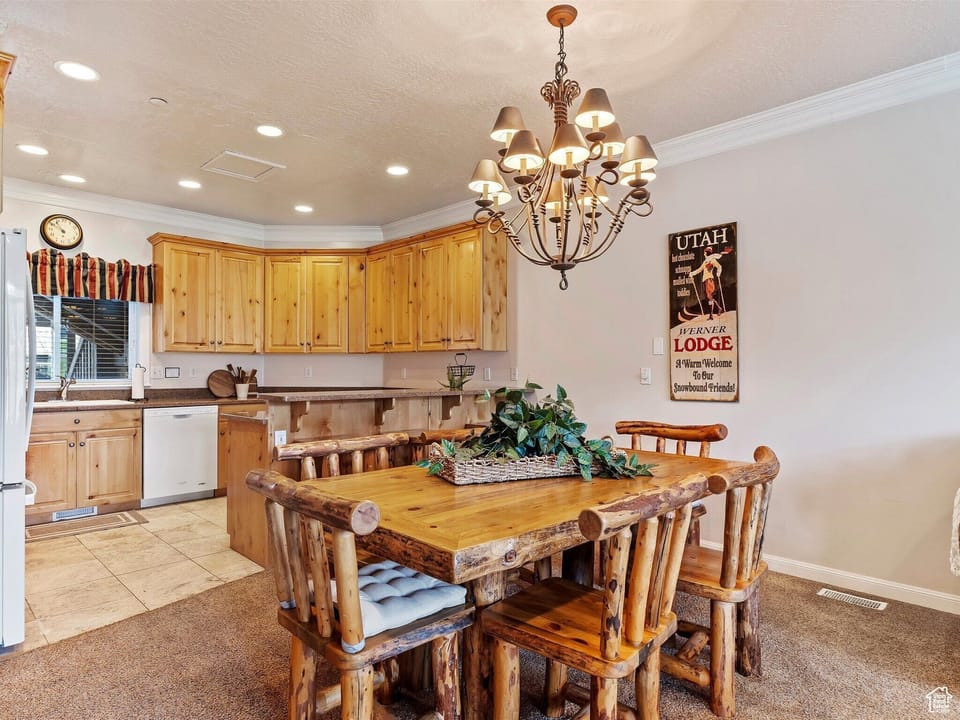 Spacious dining table for meals and gatherings.
