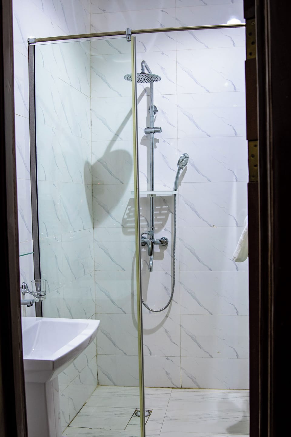 Shower, free toiletries, towels, soap
