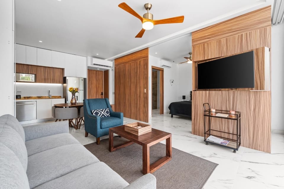 You can choose to watch the smart TV from the living room or the bedroom area