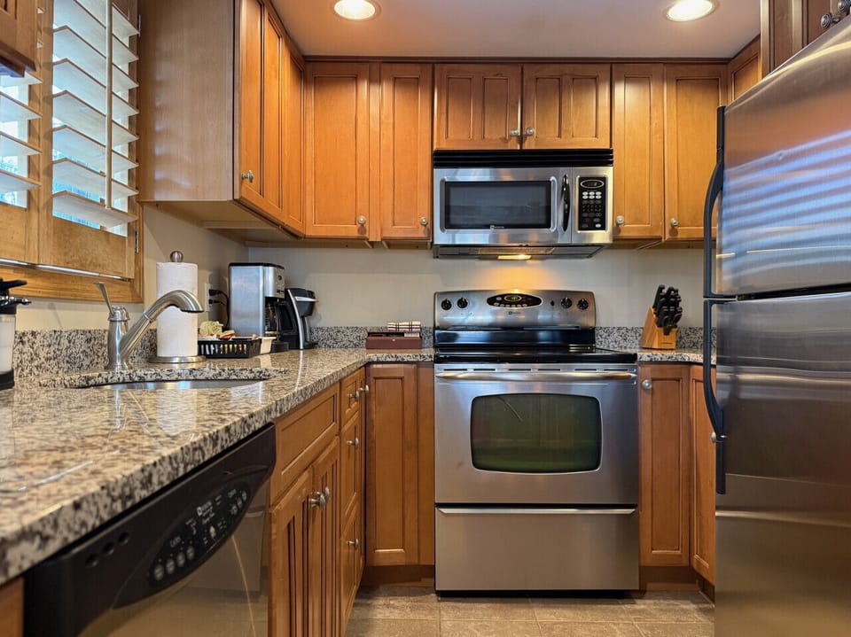 Chef’s kitchen with granite and stainless steel.