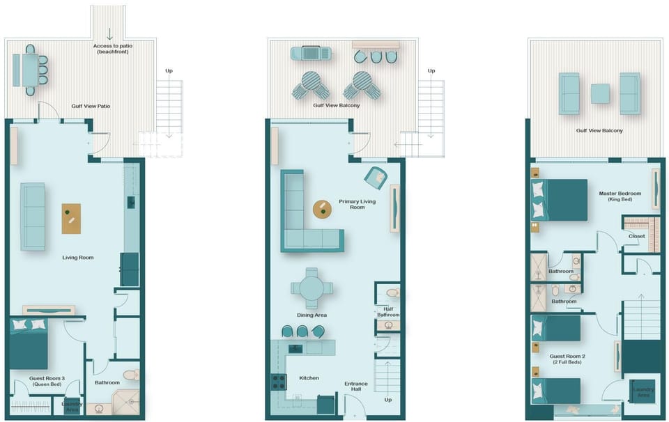 This 3-Level, Beachfront Townhome w/ a Private Beach is Fully Remodeled with lots of new furniture, comes Fully-Stocked with beach gear, and features 3 Patios overlooking the Beach and Gulf!