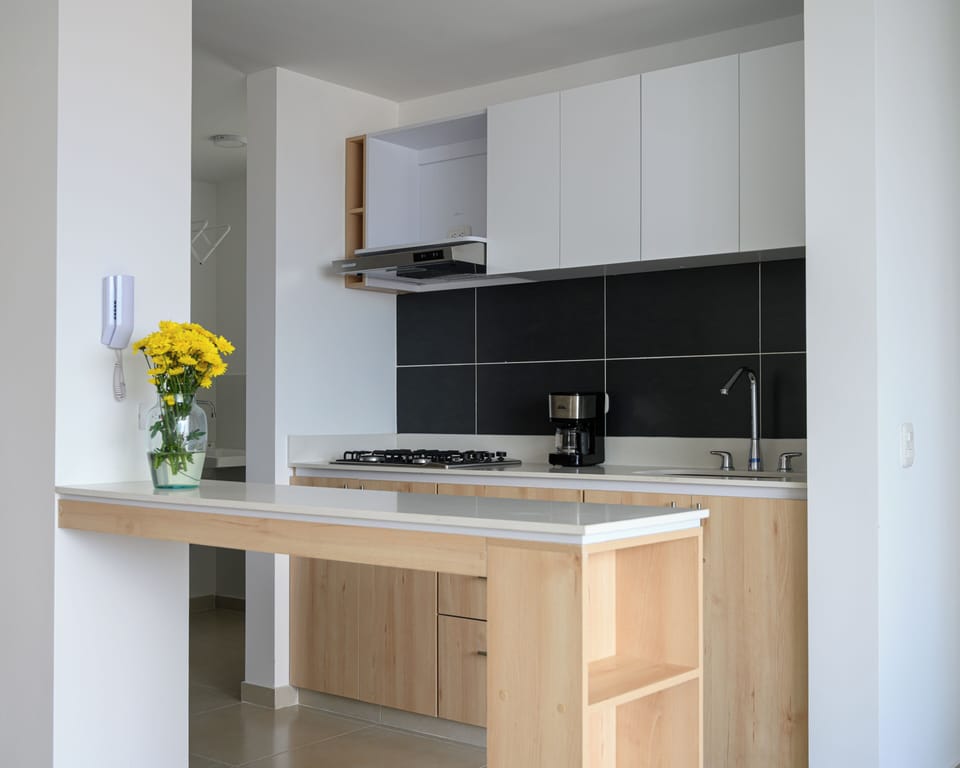 The kitchen is designed with clean lines and practical workspace