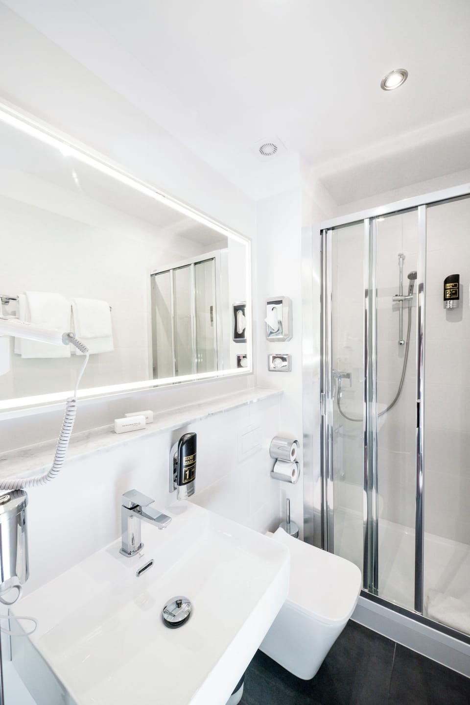 Hair dryer, towels, soap, shampoo