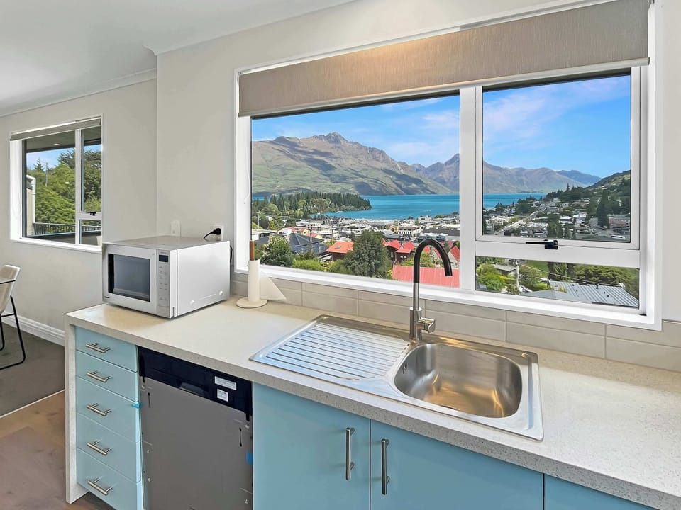 Modern kitchen with scenic mountain outlook