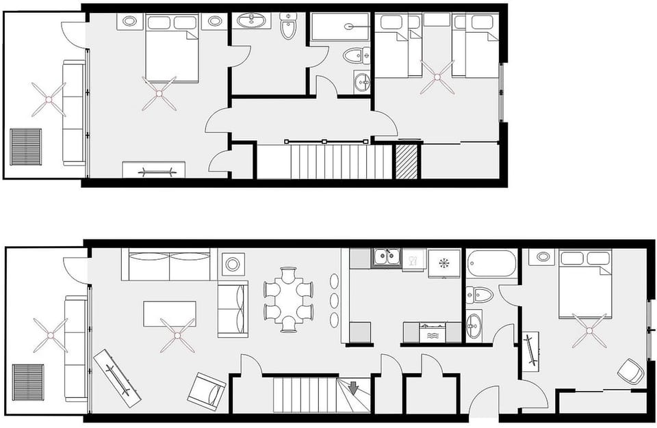 First floor showing living room, covered balcony, kitchen, dining area, bedroom, and bathroom. Upper-level floor plan showing the primary bedroom with balcony, bunk room with two twin-over-full bunks, bathroom, and hallway. 
