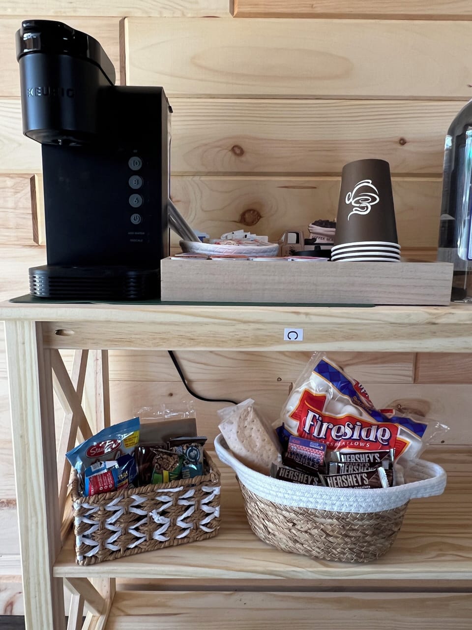 Coffee station and S'mores basket.