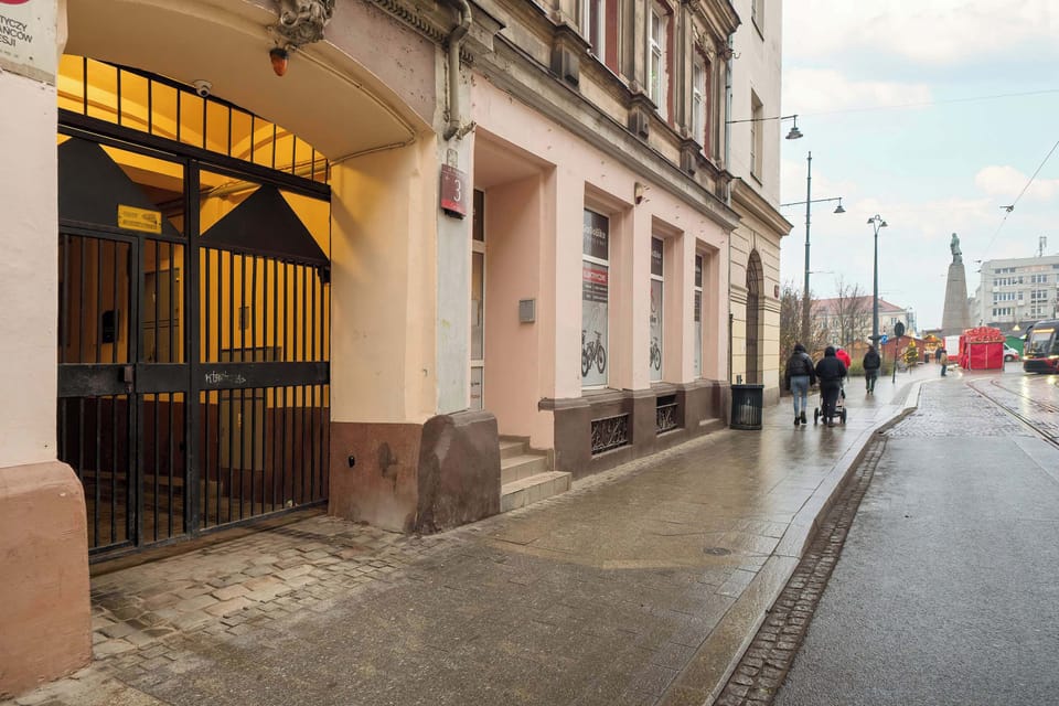 View of a city street showing the historic architecture of the building.