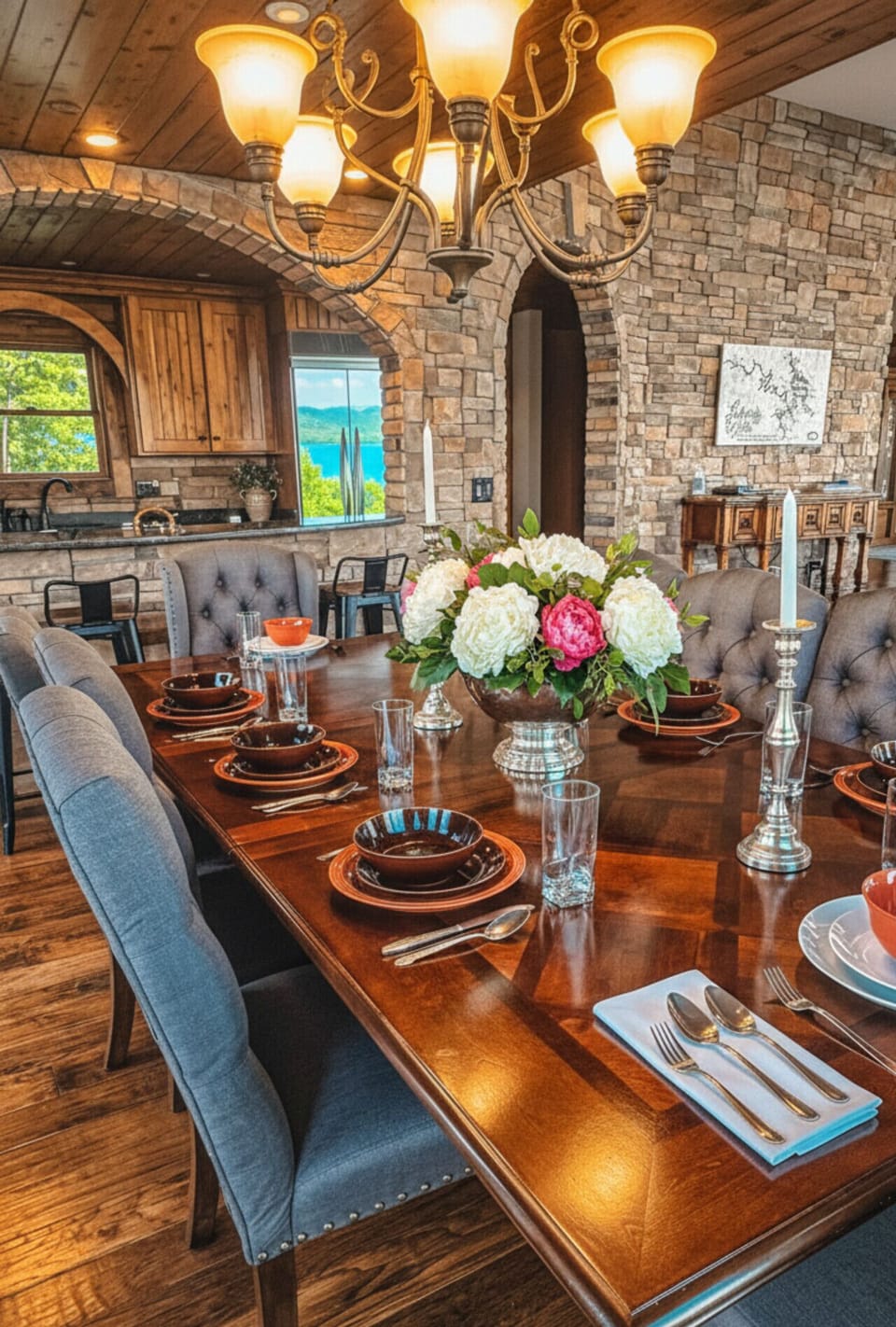 Elegant lake house dining room with rustic stone accents and open-concept kitchen, perfect for memorable family meals and luxury waterfront vacations.