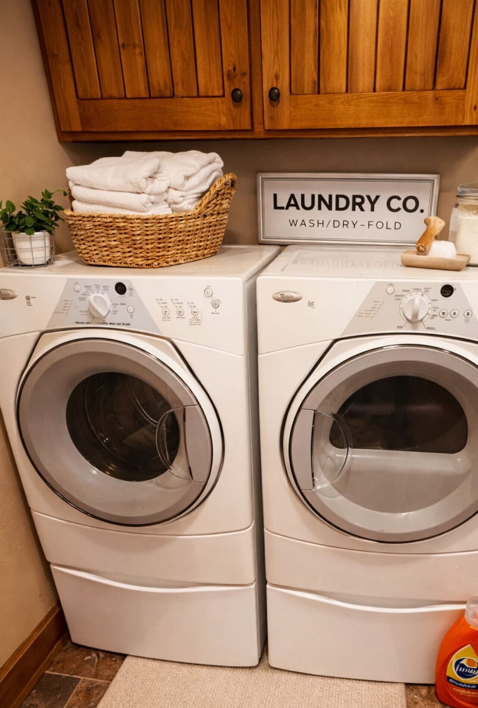 Convenient in-home washer and dryer laundry area, perfect for extended stays and comfortable lake house vacation rentals.