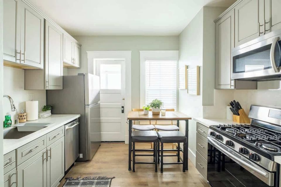 The gorgeous galley style kitchen comes fully equipped for your stay