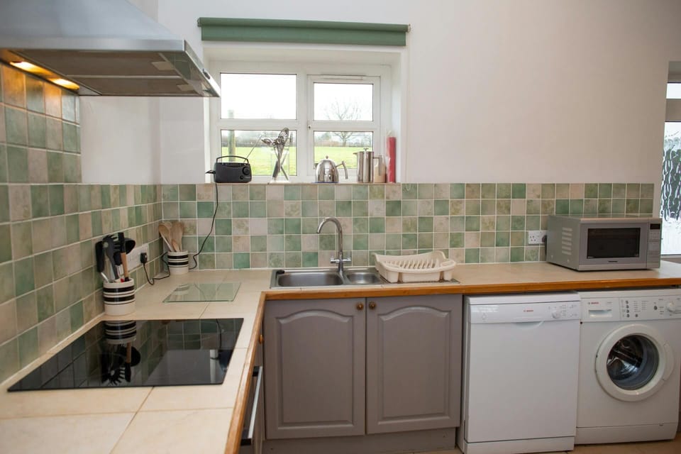 Kitchen counter with sink, dish rack and green mosaic tiles, with window above