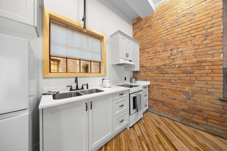 Full-size fridge, oven, stovetop, dishwasher