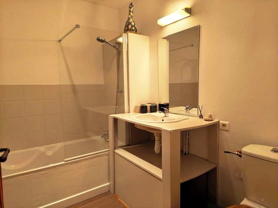 Bathtub, towels, soap, toilet paper
