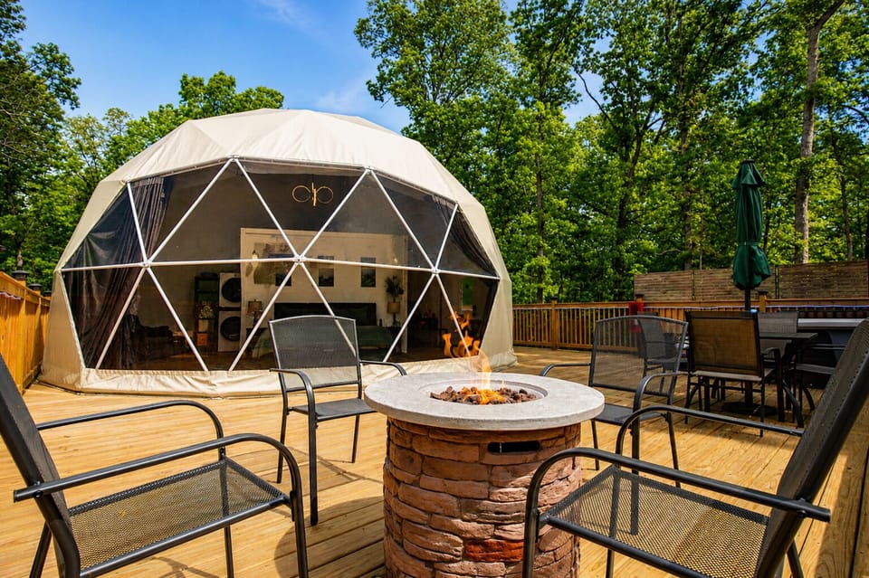 Private forest dome with hot tub, fire pit, and wooded views