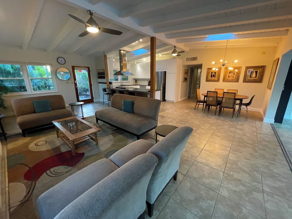 Living room, kitchen and secondary dining area